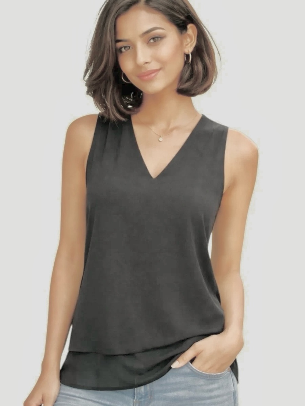 MK Sleeveless V-Neck Layered Hem Tank Tunic - Olive Green